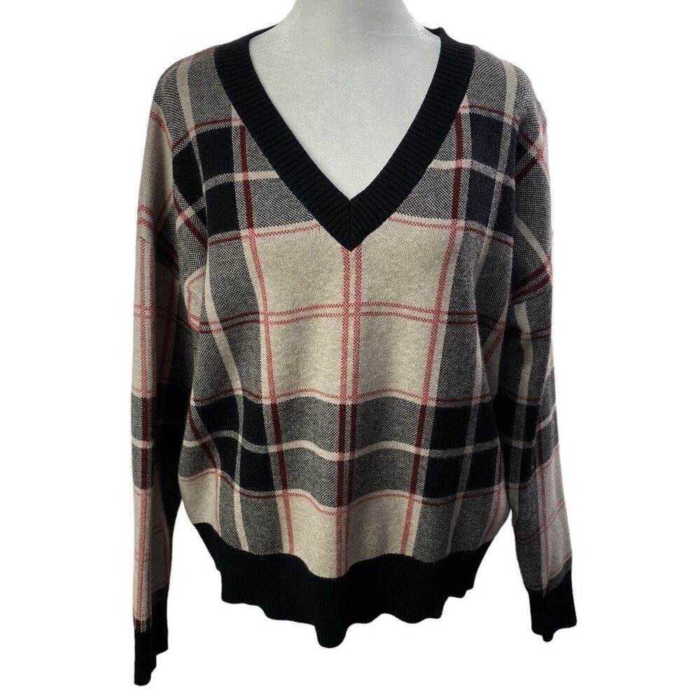 TAHARI Women Pullover V Neck Checker Sweater Sz L Black Neutral Luxury 6a-12